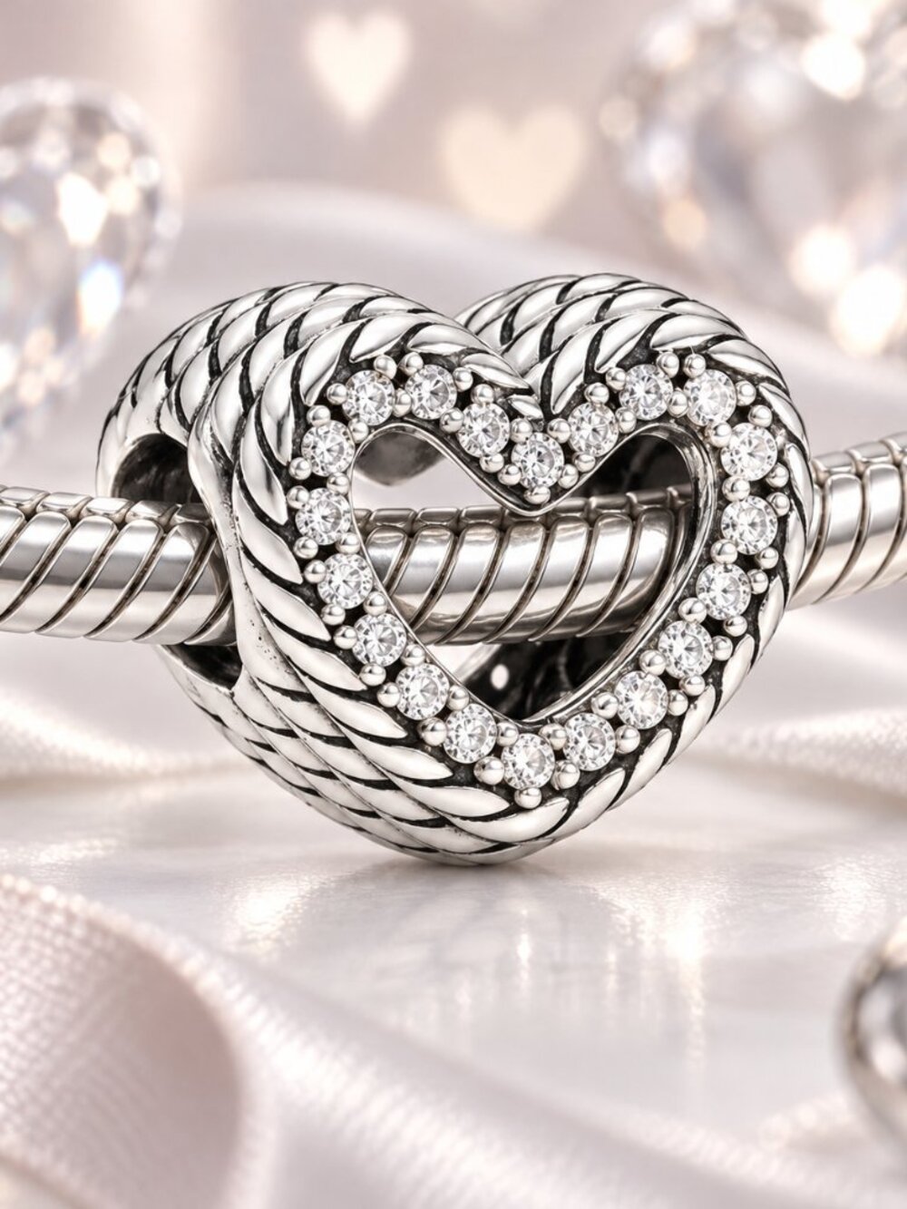 Snake Chain Pattern Open Heart Charm with CZ Halos